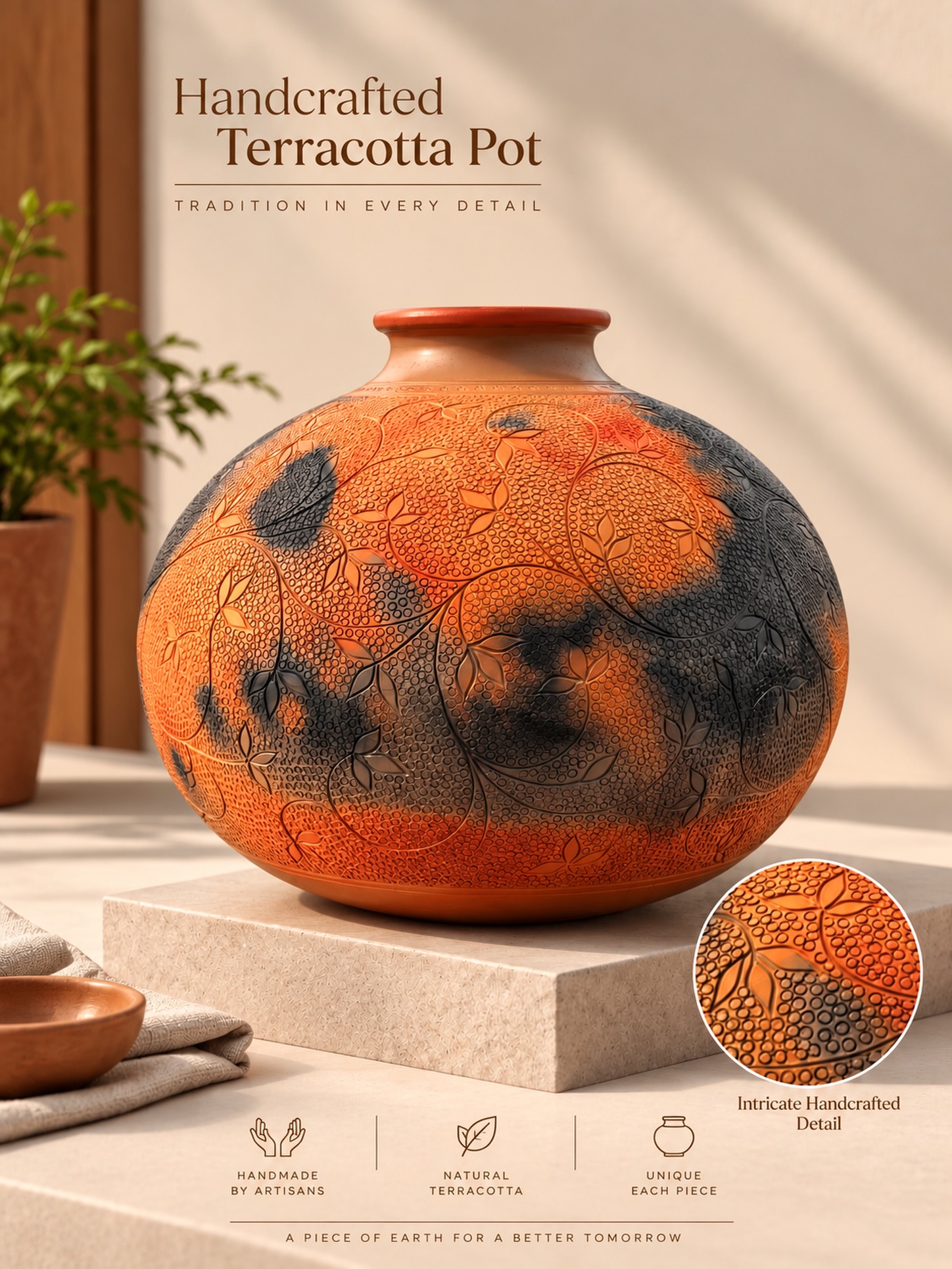 A handcrafted terracotta pot with an intricate surface pattern.
