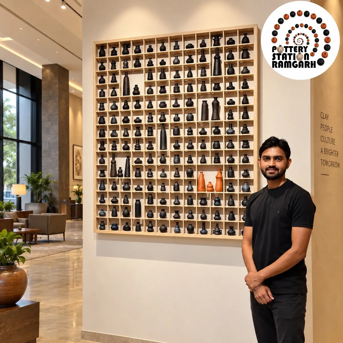 A black and terracotta miniature pottery wall display.